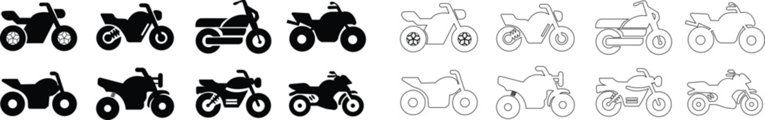 List of different type of motorcycle, bike, and motorbike icon set. Side view of all kind of motorcycle from moped, scooter, roadster, sports, cruiser, touring, scrambler, trial bike, and chopper. © WaQar