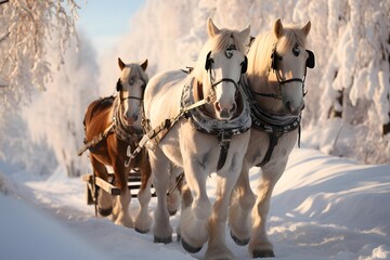 Horses with harness on the road in winter forest. Winter landscape.