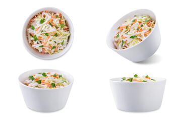 Radish cabbage coleslaw in a bowl on a white isolated background