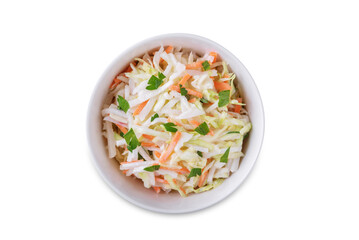 Radish cabbage coleslaw in a bowl on a white isolated background