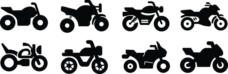 List of different type of motorcycle, bike, and motorbike icon set. Side view of all kind of motorcycle from moped, scooter, roadster, sports, cruiser, touring, scrambler, trial bike, and chopper. © WaQar
