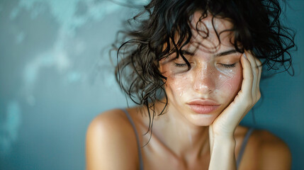 Obraz premium Pensive Woman with Wet Hair Contemplative Expression Reflective Mood Blue Background