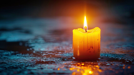 Burning Orange Candle in Dark Room with Wax Dripping on Reflective Surface Serenity Calm