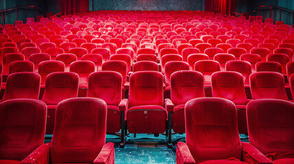 Empty red theater seats in a retro movie cinema with dim lighting and vintage style ambiance