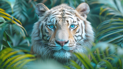 Majestic Bengal Tiger with Intense Blue Eyes in Lush Green Jungle Foliage 90 Characters