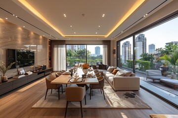 Fototapeta premium A large open living room with a long dining table and chairs. The room is well lit and has a modern feel