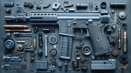 Fototapeta premium Disassembled Modern Black Rifle with Various Components on Dark Background
