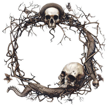 Round Horror snake frame with roots and spikes on transparent background