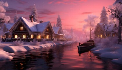 Beautiful winter panorama of a small village on the shore of a frozen lake.