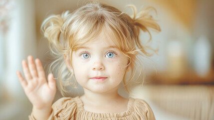 Fototapeta premium Blonde Toddler with Blue Eyes and Freckles Waving Greeting Indoors High-Quality Portrait 