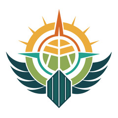 A stylized minimalist logo depicting a sun, wings, and a compass, symbolizing efficiency and success, A minimalist logo that represents efficiency and organization