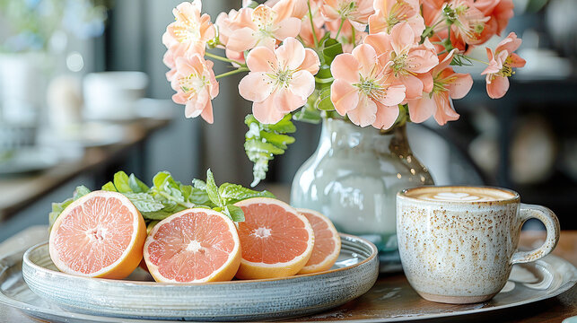 Fresh Grapefruit Halves with Coral Flowers and Latte on Rustic Table in Cozy Cafe Setting