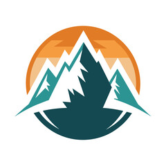 Fototapeta premium A minimalist logo featuring the silhouette of a mountain range set against an orange sunset background, A minimalist logo with the silhouette of a mountain peak