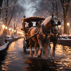 Horse-drawn carriages on the canal in winter at night