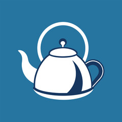 Obraz premium A white tea kettle with a blue outline is depicted on a solid blue background, with a minimalist style, A modern interpretation of a tea kettle