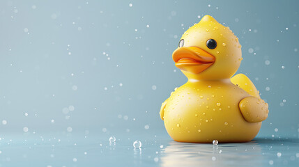 Yellow Rubber Duck with Water Droplets on Blue Background Playful Bath Toy Concept