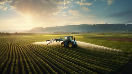 Fototapeta premium Tractor spraying crops at sunset on a vast farm field.