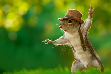 Whimsical photo of a squirrel dressed in suspenders and a fedora, captured middance against a vibrant, blurred green background