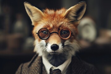 Whimsical photo of a fox donning a tailored suit and round spectacles evoking a distinguished, anthropomorphic character in a study