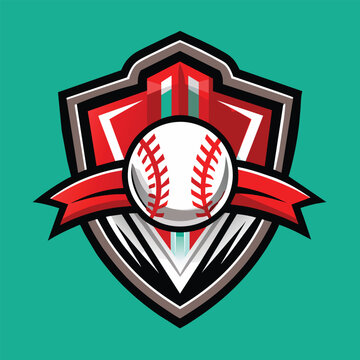 recommend clip art: A digitally created logo with a baseball inside of a shield. The shield has a red and white color scheme, A refined mark that conveys the unity of a baseball team