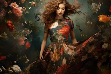 Ethereal floral dream: a surreal and enchanting themed photoshoot featuring a woman in a blooming floral dress. Creating a dreamy. Romantic and elegant portrait with flowing hair and a magical
