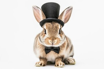 Fototapeta premium Charming photo capturing a stylish rabbit adorned with a classic black top hat and bowtie against a white background
