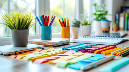 Obraz premium Colorful Post-Its and Stationery on Desk with Green Plants by Sunlit Window Office Workspace
