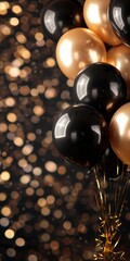 Naklejka premium Black And Gold Balloons With Bokeh Lights Background For A Celebration
