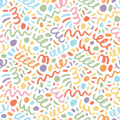 Colorful kid's seamless pattern with squiggle lines and scribbles. Simple creative childish background with brush strokes, dots and spirals. Crayon drawing. Freehand scribbles and squiggled lines.