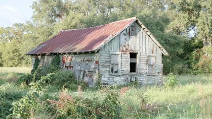 Obraz premium Dilapidated Wooden Cabin with Rusty Roof in Overgrown Field with Trees in Background