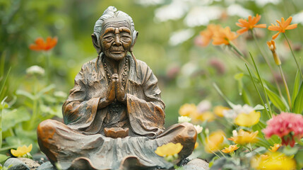 Meditating Buddha Garden Statue Surrounded by Bright Flowers in Tranquil Greenery