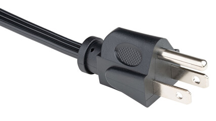 Electrical Wire with Power plug. Black rubber Cord or cable with plug.
United States and Canada, national standards voltage 110V - 120V
Electrical repairs shop. Replacements parts. Isolated background