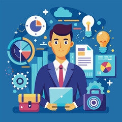 Professional Businessman Working On Digital Tablet With Business Charts And Graphs Surrounding Him, A sleek and professional representation of the consulting industry in a minimalistic form