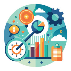 Fototapeta premium Abstract illustration featuring a key, clock, pie chart, bar graph, and dollar sign, A sleek design incorporating a key element related to financial planning and management