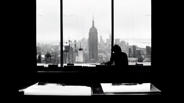 Silhouette of a man sitting in an office and looking at the city through a large window, cityscape in black and white.
Concept: business life, urbanism, architecture, metropolis, inspiration.