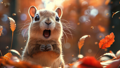 Cute Squirrel in Autumn Forest Surrounded by Falling Leaves . Perfect for Fall Nature Design.