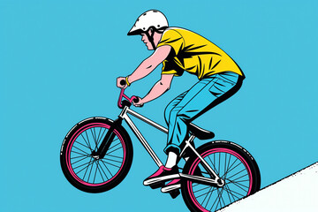 Fototapeta premium A stylized illustration of a BMX rider performing a trick on a ramp, with a pop art style aesthetic