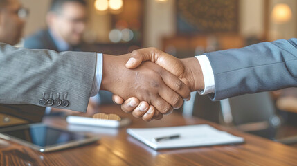 Business Handshake Between Two Professionals in Office Setting with Wooden Desk and Documents
