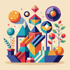 Colorful geometric shapes depict growth and change in a stylized abstract design, Abstract geometric shapes representing growth and stability