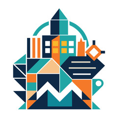 Fototapeta premium Colorful geometric shapes create an abstract depiction of a cityscape with buildings and factory machinery, Abstract geometric shapes resembling factory machinery