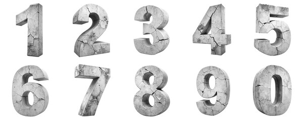Cracked grayscale apocalyptic 3D concrete number on transparent background PNG file