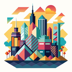 Fototapeta premium A stylized depiction of a city skyline with geometric shapes and vibrant colors, set against a sunset backdrop, Abstract interpretation of a city skyline with geometric shapes