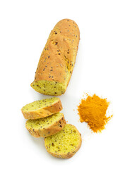 Healthy homemade turmeric loaf bread with seeds isolated on white
