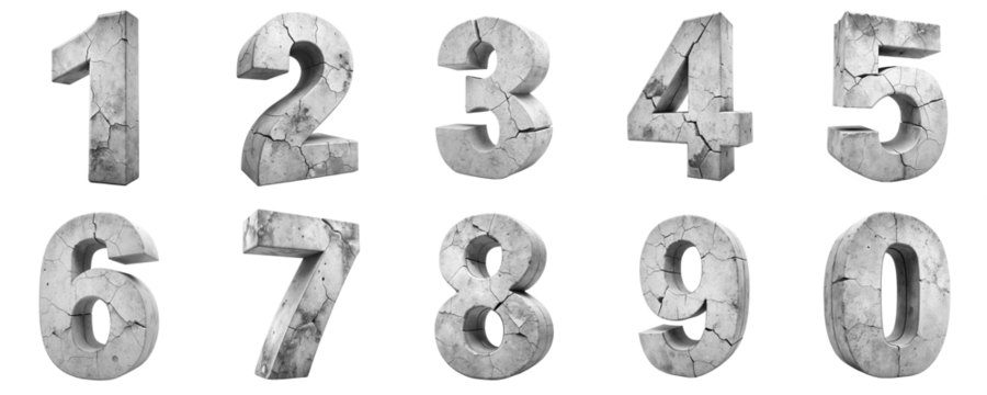 Cracked grayscale apocalyptic 3D concrete number on transparent background PNG file