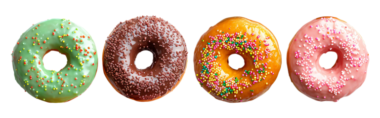 Donuts collection showcasing four assorted flavors with vibrant colorful icing and sprinkles on a transparent background.