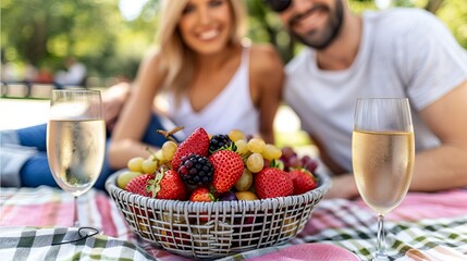 Young couple enjoying an outdoor picnic on a checkered blanket with a basket full of bread, fruits and other snacks