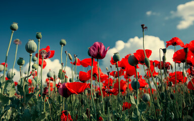 Obraz premium Blossom of purple poppy field against blue cloudy sky. Flowering Papaver with unripe seed heads at windy day. Maturing blue poppy flowers with pods in agriculture. Medical plants with straws.