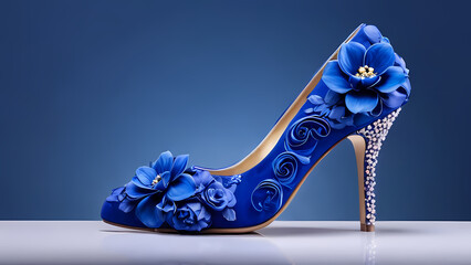 Close-up blue heels with floral design