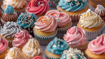 Frosted cupcakes with swirls of icing and tiny detailed decorations, seamless pattern