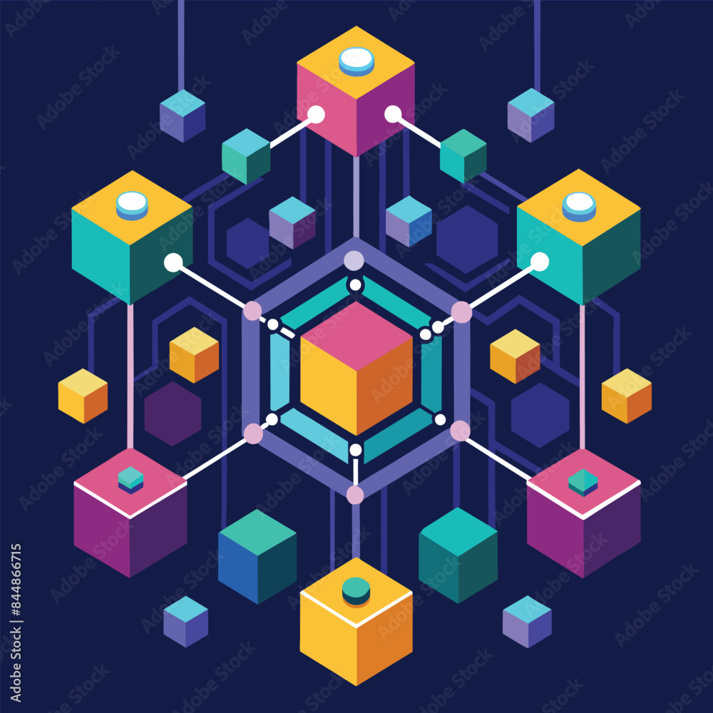 Poster abstract representation of blockchain technology with interconnected cubes and hexagon, an abstract 